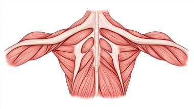 Beyaz arka planda insan kas yapısını gösteren anatomik bir çizim.