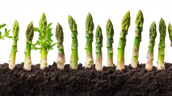 stock image Young asparagus spears sprouting from the soil, lined up in a row against a white background.