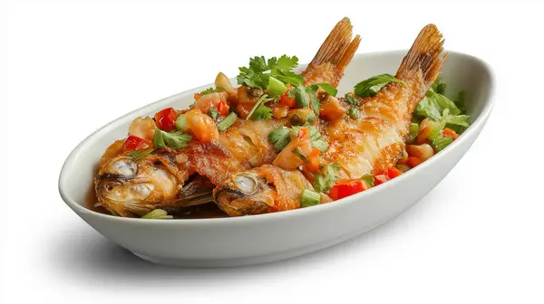 stock image A dish of grilled fish garnished with vegetables and herbs, served on a white plate.