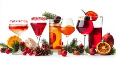 A vibrant array of colorful holiday cocktails, garnished with fruit slices and festive decorations, set against a white background for a cheerful, party-ready presentation. clipart