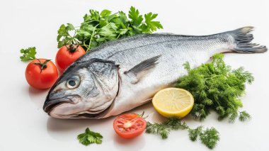 Fresh whole fish surrounded by tomatoes, lemon, and parsley, showcasing healthy, natural ingredients for cooking. clipart