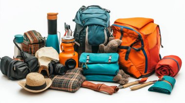 Assorted travel gear including backpacks, shoes, flasks, and hats arranged neatly. clipart