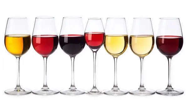 Stock image Six wine glasses with varying shades of red, white, and rose wine.