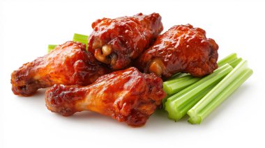 BBQ chicken wings served with celery, emphasizing a savory and appetizing meal. clipart