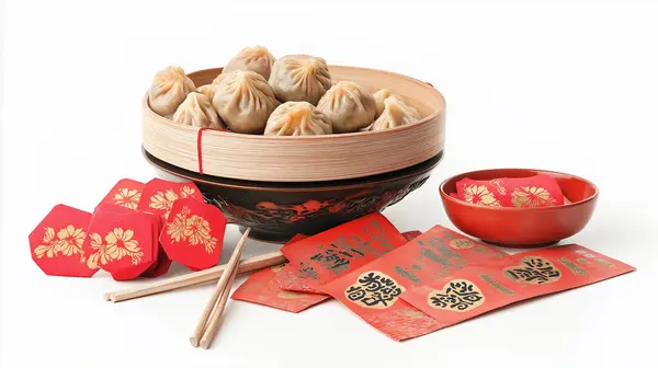 stock image Steamed dumplings in a bamboo basket with chopsticks and red napkins, highlighting an authentic Chinese dining experience.