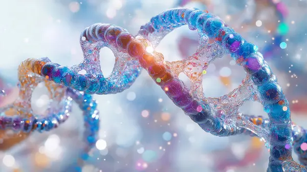 stock image A double helix DNA structure glowing with vibrant colors, symbolizing science and genetics.