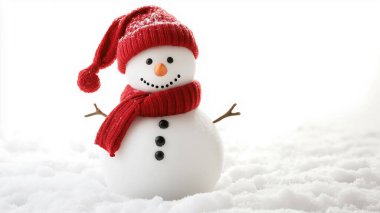 A cute snowman wearing a red hat and scarf, bringing winter cheer. clipart