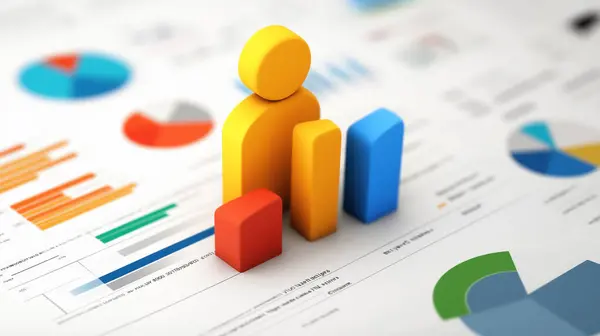 stock image A vibrant 3D bar graph with colorful bars and a yellow figure, symbolizing data analysis and growth against a backdrop of charts and statistics.