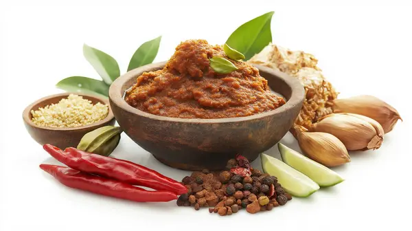 stock image A bowl of spicy curry paste surrounded by fresh herbs and spices, bursting with flavor.