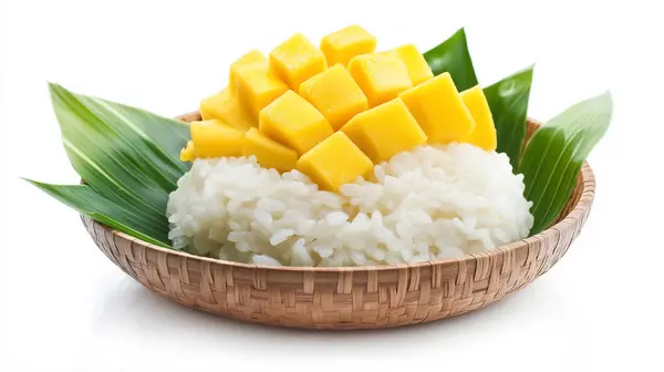 stock image Sweet mango slices served with sticky rice and coconut cream.