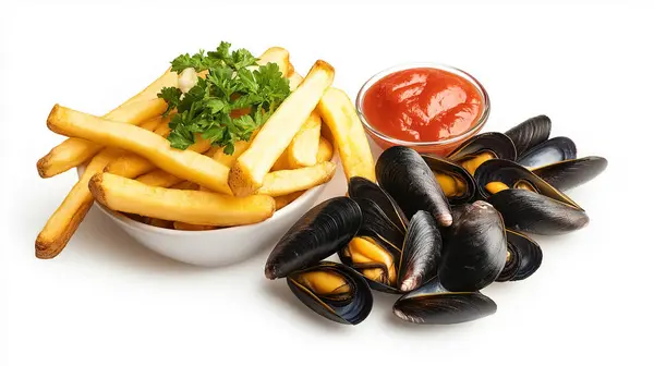 stock image Mussels served with golden fries and a side of dipping sauces.