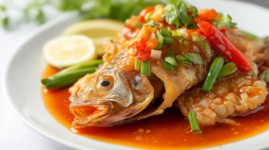 Grilled whole fish topped with fresh herbs and salsa. Juicy and tender with a crispy, golden skin, perfect for seafood lovers. clipart