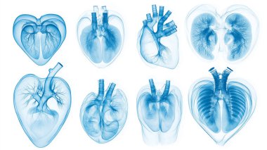 Detailed blue-tinted medical illustrations of various heart shapes, showing different perspectives. clipart