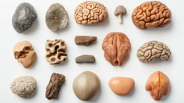 stock image A detailed display of human and animal brains, alongside stones, symbolizing knowledge and evolution.