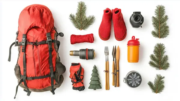 stock image A collection of camping gear laid out for a winter adventure, complete with hiking boots and a tent.