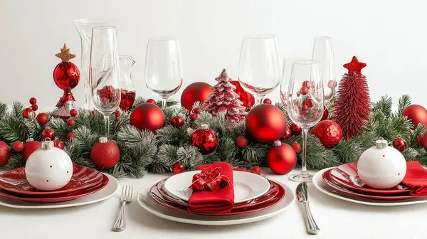 stock image Beautifully wrapped Christmas gifts with red bows and pine accents, sitting under the tree.