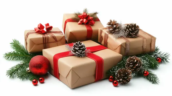 stock image Gifts wrapped in natural tones and accented with red ribbons, ready for Christmas morning.