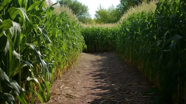 stock image A green corn maze winding through a sunny farm field.