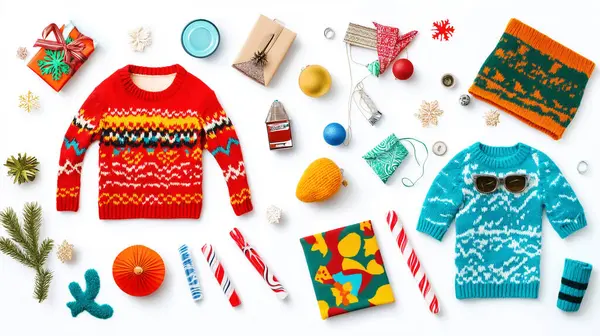 stock image A vibrant assortment of cozy winter sweaters and accessories, laid out for holiday fun.