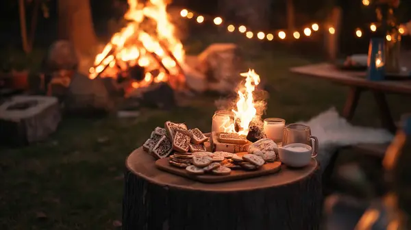 stock image A cozy outdoor campfire with mores and string lights illuminating the night.