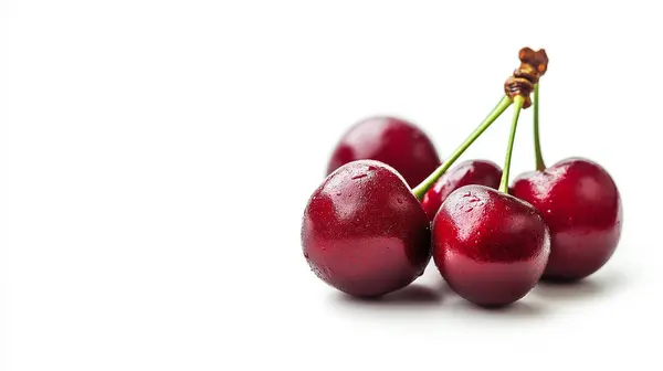 stock image Glossy red cherries with delicate stems glisten in the light, offering a sweet, juicy treat perfect for snacking or desserts.