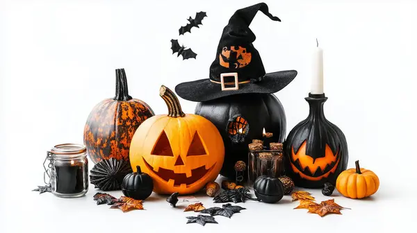 stock image A spooky Halloween setup with carved pumpkins, black candles, and witch hats.