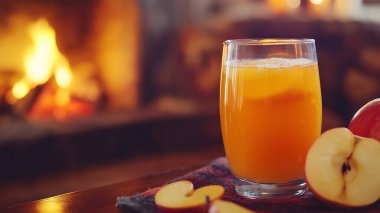 A cozy fire crackles as a glass of orange juice sits invitingly in the foreground. clipart