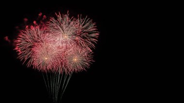 Brilliant fireworks explode into radiant red and pink hues, lighting the night sky. clipart