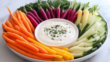 A white plate with a variety of vegetables including carrots, cucumbers, and radishes. The plate is arranged in a circle, with the vegetables spread out evenly. Scene is healthy and inviting clipart