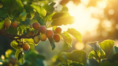 A tree with many apples hanging from it. The sun is shining on the tree, making the apples look bright and inviting clipart