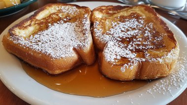 Üstünde pudra şekeri olan iki parça tost. Tabak masanın üstünde.