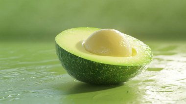 A green avocado with a white seed in the middle. The avocado is cut in half and the seed is visible clipart