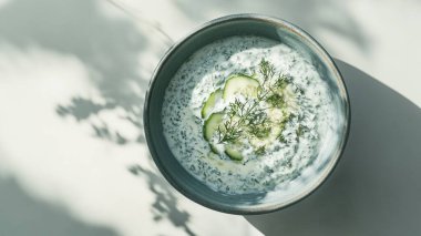 Üstünde salatalık ve maydanoz olan bir kase çorba. Çorba yeşil ve hafif, ferahlatıcı bir tadı var.