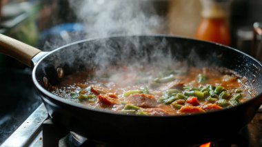 Bir tencere yemek ocakta pişiyor, içinden buhar yükseliyor. Tabak, çeşitli sebze ve etle birlikte bir kızartma gibi görünüyor. Ocağın buharı ve ısısı rahat bir ortam yaratır.