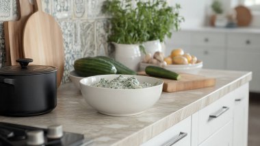 Mutfak tezgahında beyaz bir kase yemek ve siyah bir tencere var. Kase yeşil sebzelerle dolu ve tencere patatesle dolu. Arka planda birkaç saksı bitkisi de var.