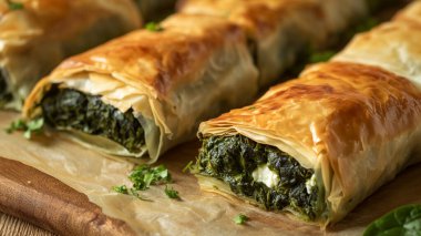 Üzerine maydanoz konmuş ıspanak ve peynirli börek. Hamur işleri altın sarısı ve lezzetli görünüyor.