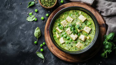 Ahşap tabakta bezelye ve tofu ile bir kase yeşil çorba. Çorba yeşil ve içinde bezelye ve tofu var.