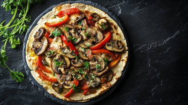 Siyah tabakta mantarlı ve biberli bir pizza. Pizza peynirle kaplıdır ve çeşitli sebzeleri vardır.