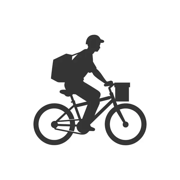 ホワイトバックグラウンドで自転車アイコンに乗る配達人 シンプルなベクターイラスト — ストックベクタ
