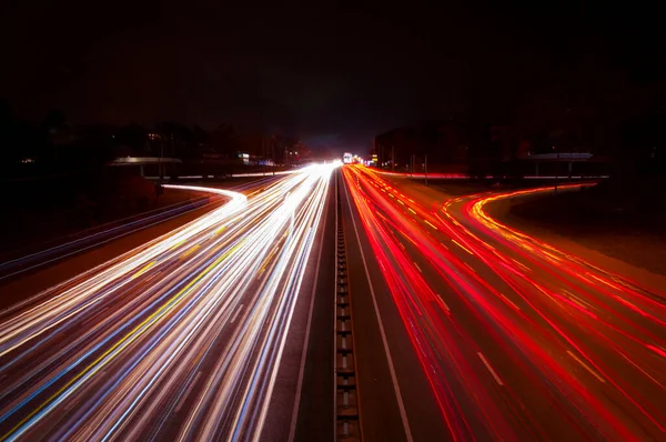 Траси Світлофора Дорозі Вночі Стокове Фото