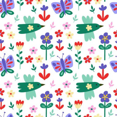 Vektör kusursuz desen. Şirin kuşlar, kelebekler, beyaz arka planda çiçekler. Kumaş, ambalaj, tekstil, duvar kağıdı ve giysi için yaratıcı İskandinav çocuk dokusu. Vektör illüstrasyonu.