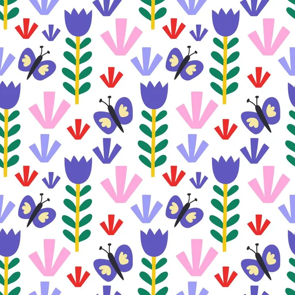 ベクトルシームレスパターン かわいい蝶 白い背景の花 アパレルのための創造的な北欧の子供のテクスチャ ベクターイラスト — ストックベクタ