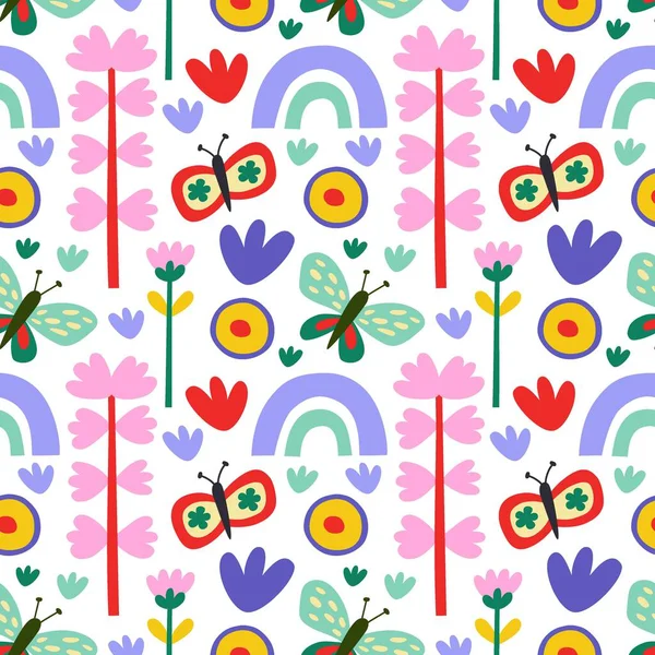 Vector Seamless Pattern Cute Butterfly Rainbow Flowers White Background Creative — Stock Vector