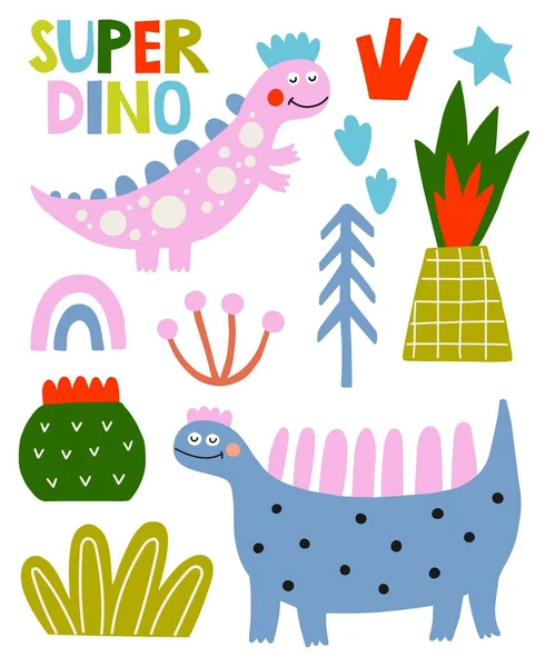 Dino Şirin Vektör Çocuk Kompozisyonu Dinozor Skandinav Çizimi Çocuk Partisi — Stok Vektör