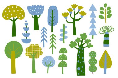 Çocukça çizilmiş renkli bitkiler seti. Yaz ormanı dekorasyonu ve izole beyaz arka planda egzotik tropikal bitkiler..