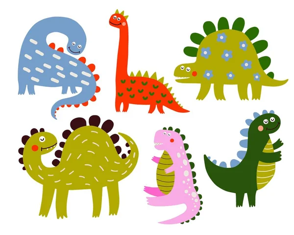 Dinozorlar Vektör Çizimleri Seti Tatlı Renkli Dino — Stok Vektör