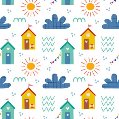 Plaj evi ve bitkilerle kusursuz bir düzen. Denizcilik temalı vektör arkaplanı.