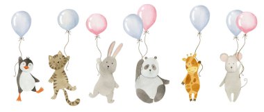 Hayalardaki hayvanlar, beyaz bir arka planda izole edilmiş suluboya çizimler, bir penguen, bir kedi, bir tavşan, bir panda, bir zürafa, bir fare.