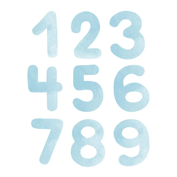 stock image Set of blue numbers, watercolor illustrations isolated on white background.