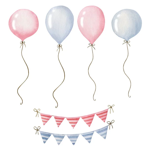 Doğum Günü Dekoru Balonlar Bayram Bayrakları Için Suluboya Çizimler — Stok fotoğraf